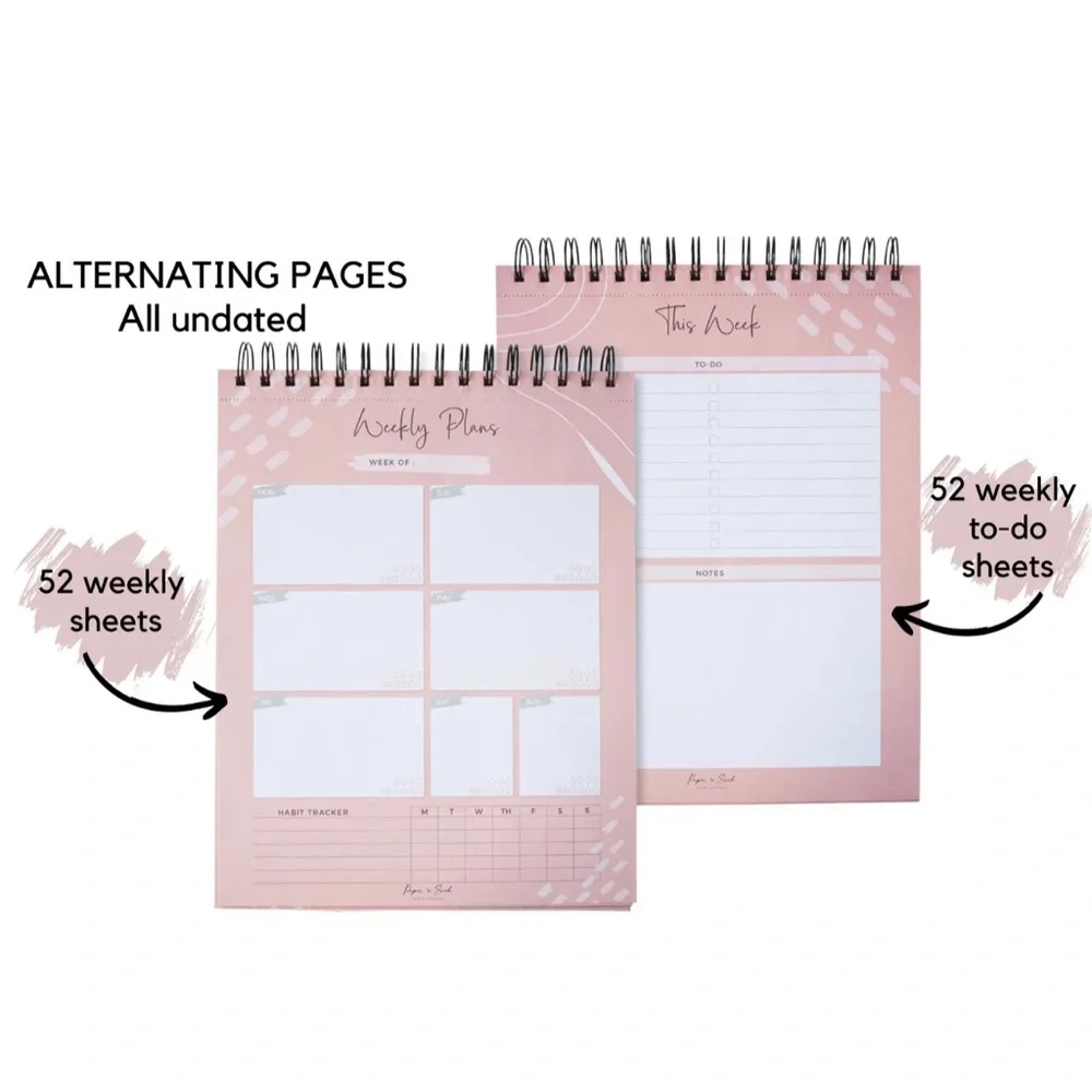Weekly to do planner undated calendar notepad pink spiral to do list 52 weeks